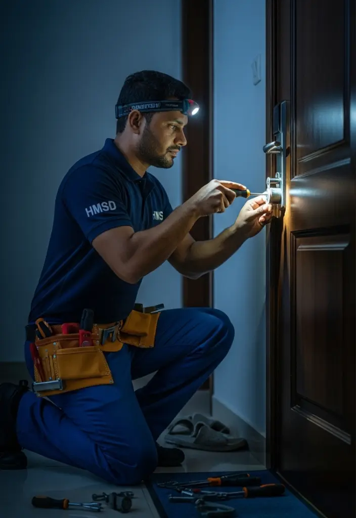 Emergency door lock replacement in Dubai with a handyman replacing a broken lock.