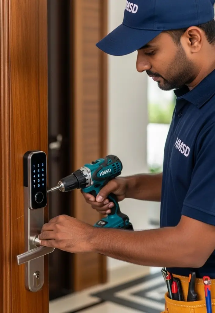 Technician installing a secure smart lock