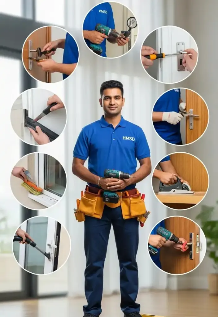 Handyman standing with tools surrounded by visuals of door stuck repair sub-services including frame alignment, hinge adjustment, latch fixing, and sliding track repair in a Dubai home.