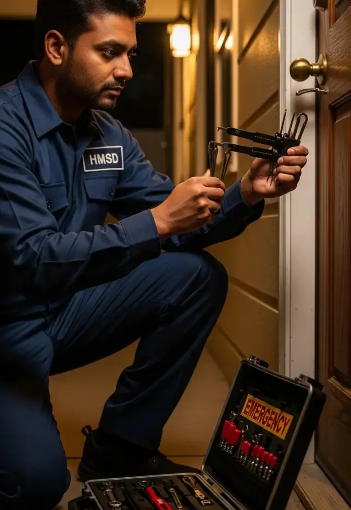 Handyman unlocking a jammed or locked door using professional tools during an emergency door unlocking service in a residential Dubai property.