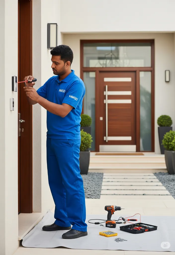 Handyman installing a doorbell in a Dubai home, securing the unit near the entrance and connecting it for reliable operation.