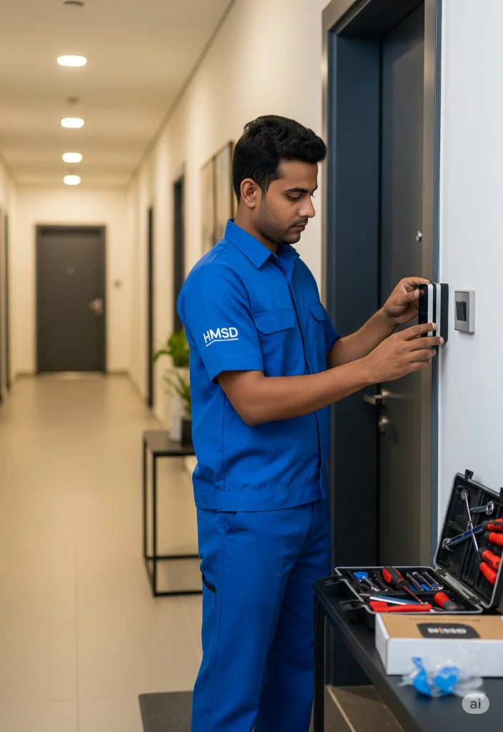 Handyman showcasing a wireless doorbell in a Dubai home, highlighting easy installation, battery operation, and modern design features.
