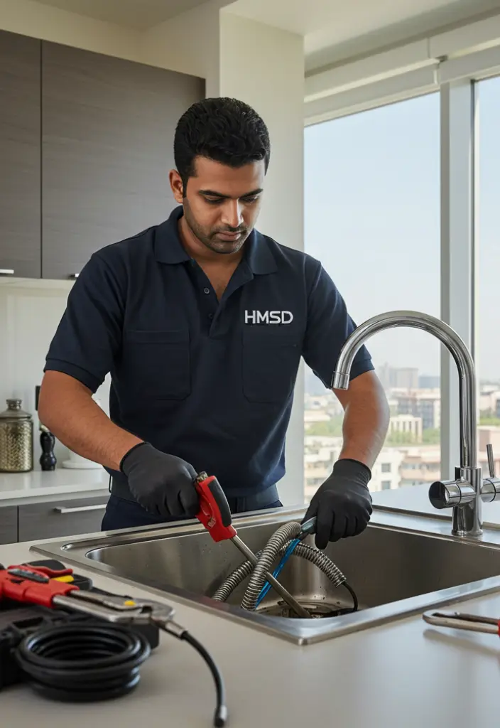 Skilled plumber addressing a kitchen sink drain blockage with advanced tools.