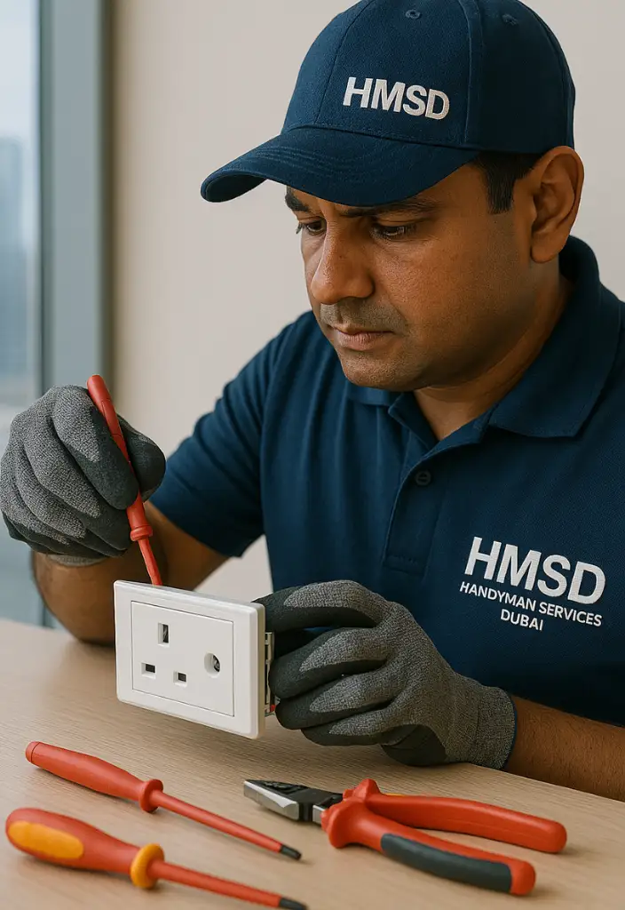 Electrician installing electrical socket in Al Garhoud Dubai
