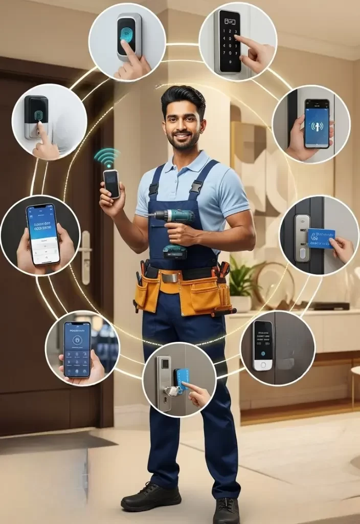 Handyman standing in center surrounded by visuals of smart door lock installation services digital locks, keypad setup, fingerprint scanner, and mobile app control in a Dubai home.