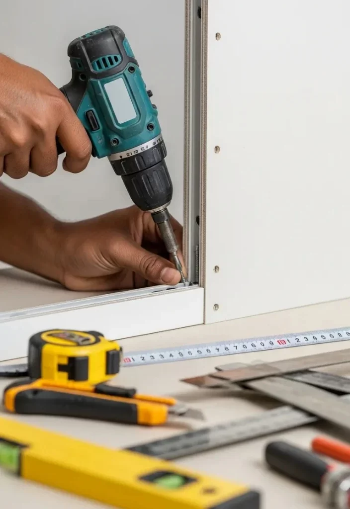 Indian handyman’s hands installing a gypsum partition using a drill machine, with tools around, in Dubai.