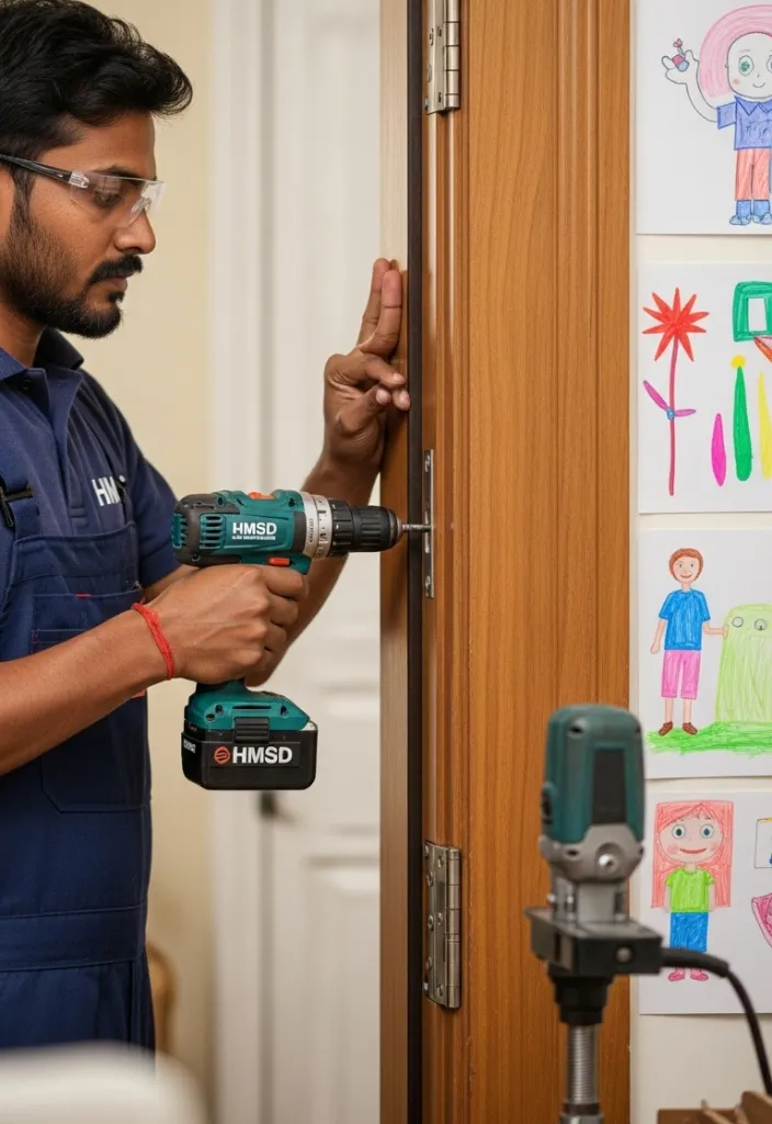 Handyman fixing a door hinge using a drill machine, offering expert door hinge repair services in Dubai.
