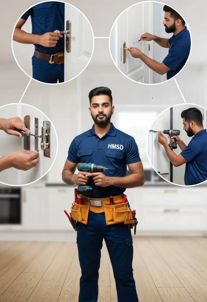 Handyman fixing a door lock, offering expert door lock repair services in Dubai to ensure security and smooth operation