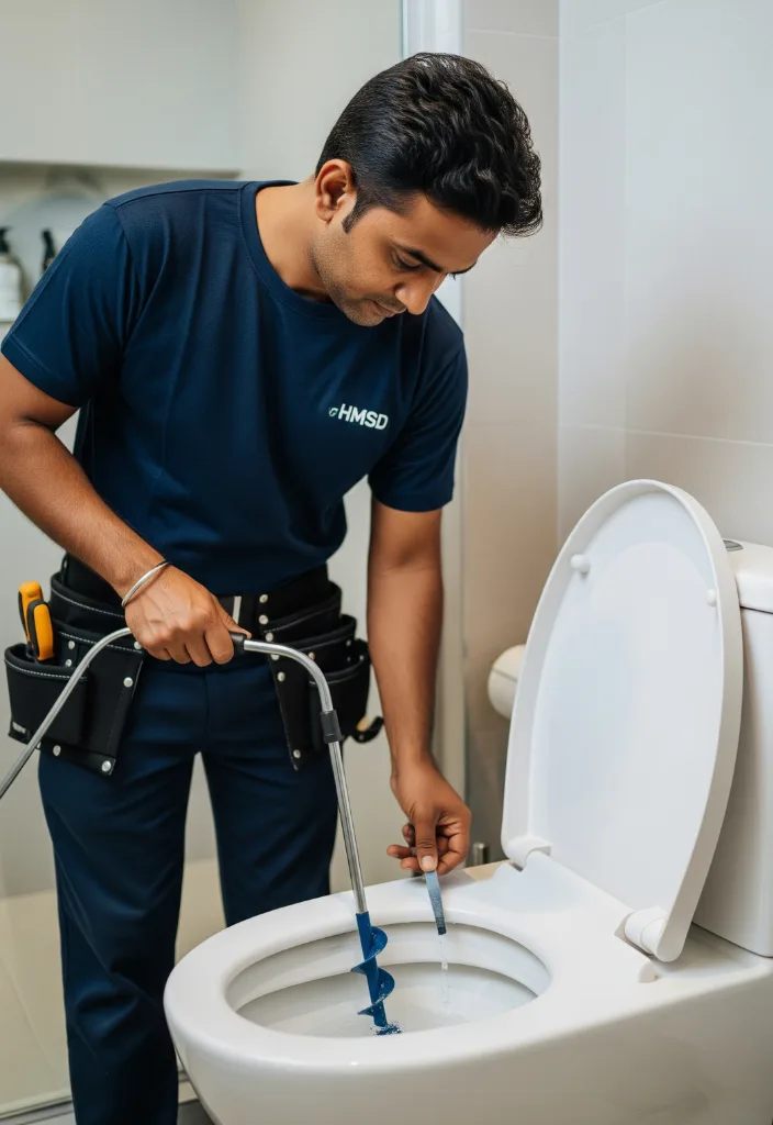 HMSD handyman using auger tool for professional toilet drain unclogging in Dubai.