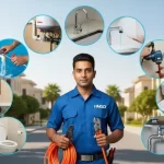 Handyman showcasing a wide range of emergency plumbing services in Dubai, including leak sealing, burst pipe repair, drain unclogging, and urgent fixture replacements.