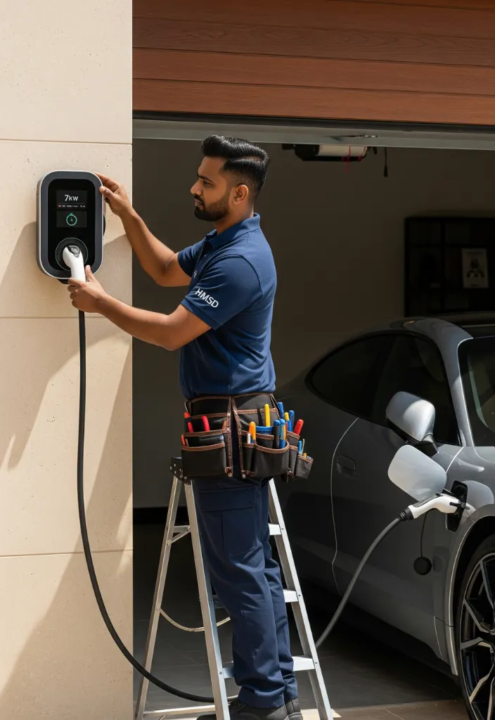 Electrician installing an EV charger in a garage, connecting wiring and securing the unit for electric vehicle charging in a Dubai residential property.