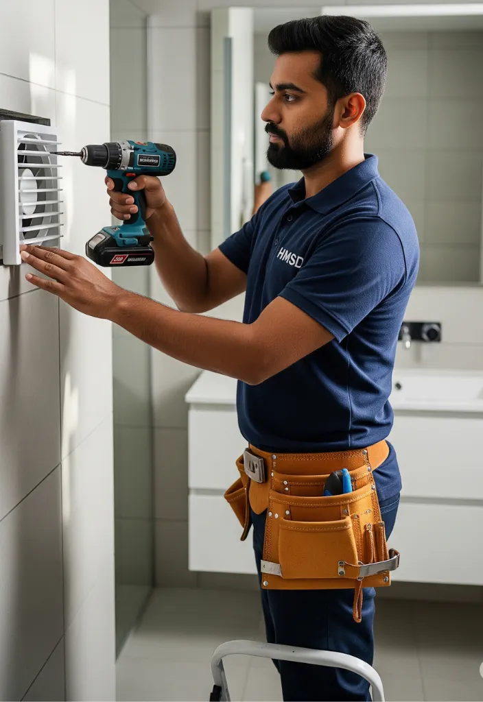 Electrician using a drill machine to mount an exhaust fan in a wall, securing it properly during installation in a Dubai property.