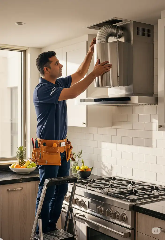 Electrician setting and installing an exhaust fan in a kitchen to improve ventilation and remove cooking fumes in a Dubai residential property.