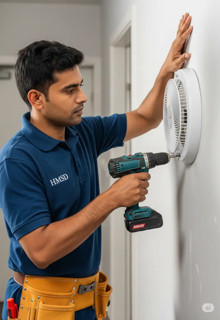 Plumber tightening the screw of an exhaust fan to secure it in place during installation or repair in a Dubai residential or commercial property.