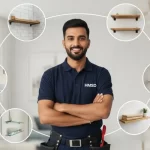 Carpenter standing with tools in the center, surrounded by visuals of floating shelf services like measuring, drilling, mounting, leveling, and custom design in a Dubai home.