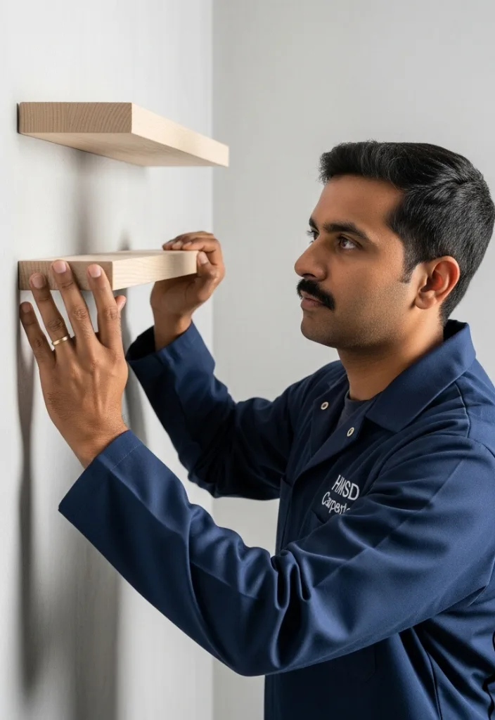 Carpenter mounting a floating shelf on a wall with careful alignment during shelf installation service in a modern Dubai home interior.