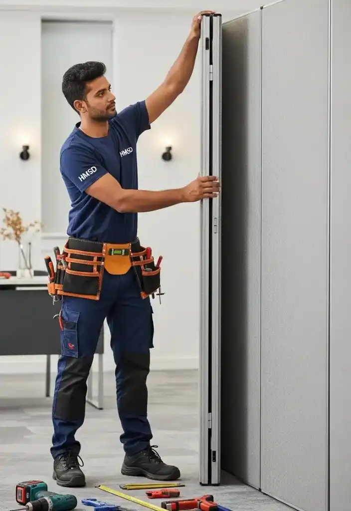 Handyman installing a fabric partition in Dubai, providing professional partition installation service.