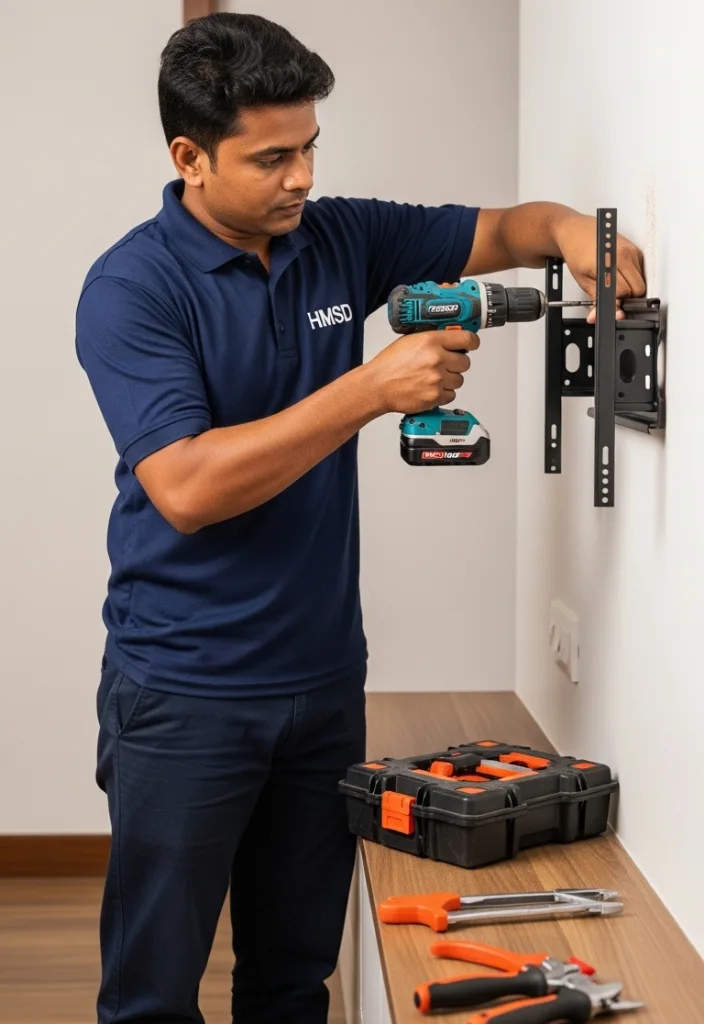 Handyman in Dubai installing a dual arm TV bracket on a living room wall, ensuring flexible positioning and secure TV mounting service.