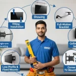 Handyman in Dubai standing surrounded by circles showing TV bracket installation subservices like foldable, ceiling, corner, and motorized TV mount options.