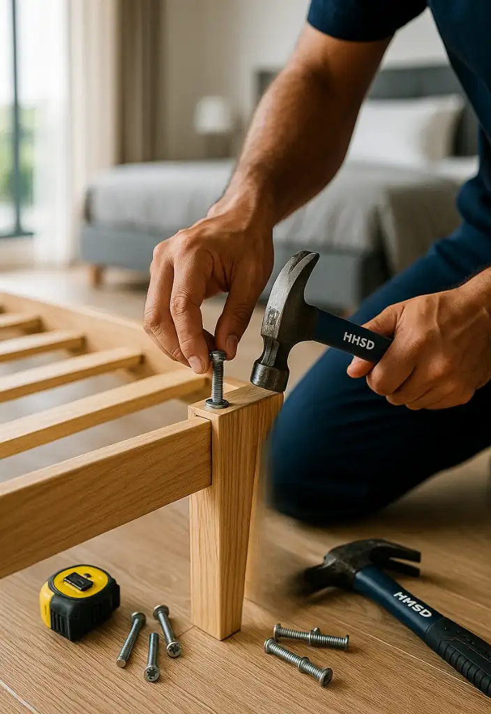Handyman assembling a bed in a modern Dubai bedroom, securing the frame, tightening fittings, and ensuring stable support for daily use.