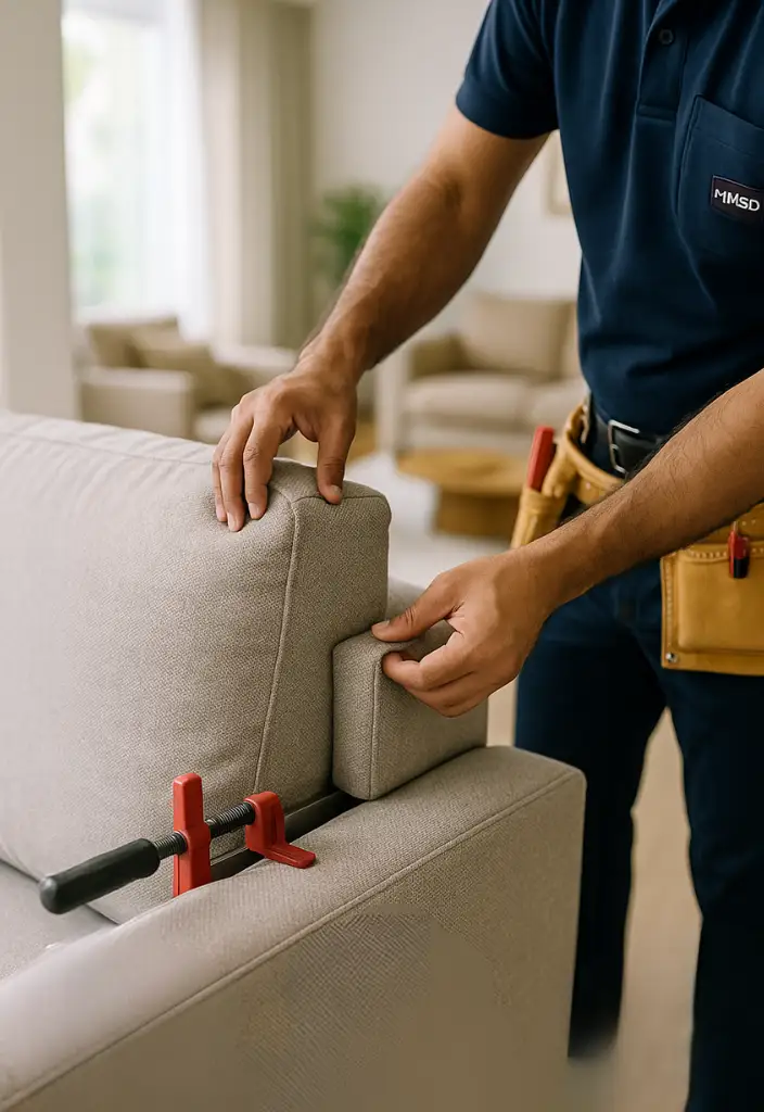 Handyman assembling a sofa in a Dubai living room, fixing the frame, attaching cushions, and ensuring stable and comfortable seating.
