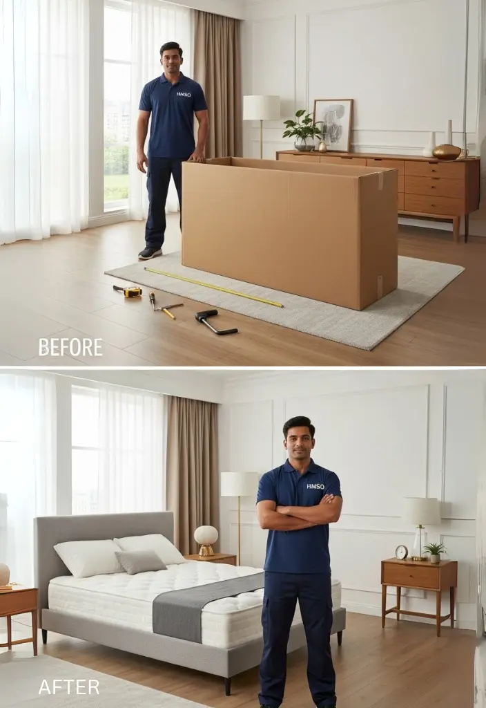 Handyman assembling a bed in Dubai, offering professional bed assembly services for homes