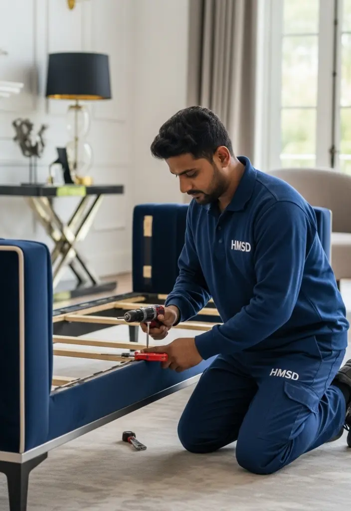 Handyman assembling a sofa in Dubai, offering expert sofa assembly services for homes and offices