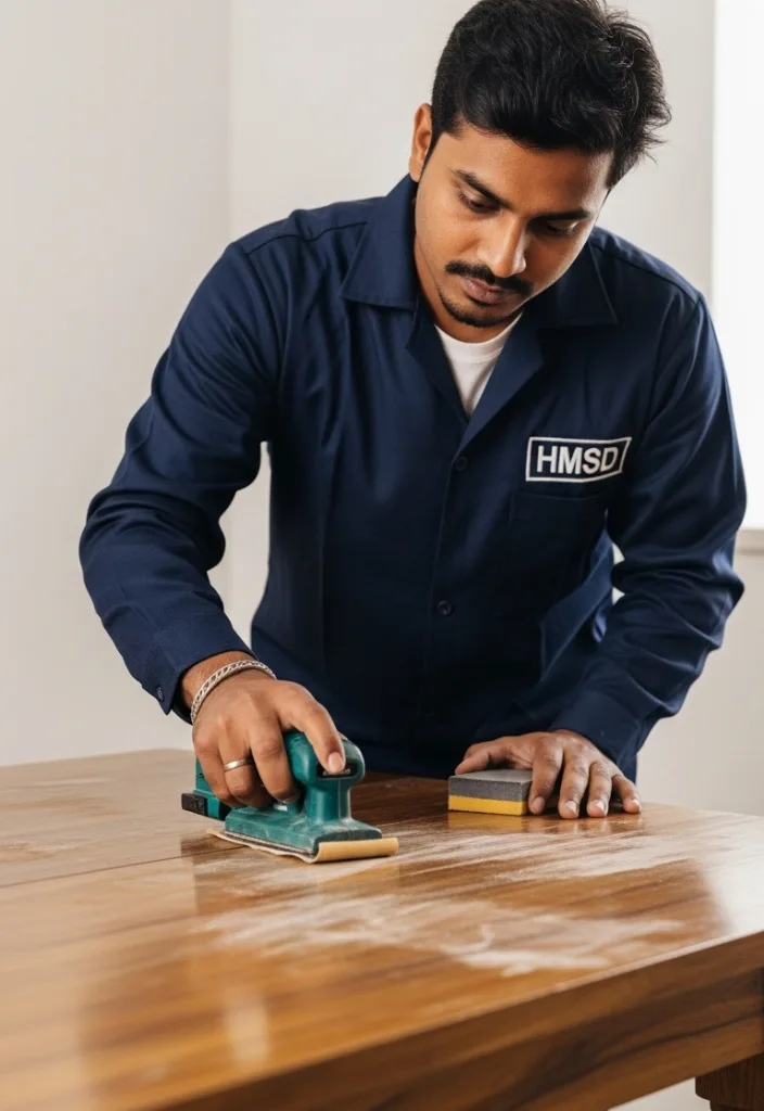 Carpenter standing and using sandpaper to smooth the surface of a table before painting in Dubai.