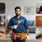 Carpenter standing in the center surrounded by all services related to furniture painting in Dubai.