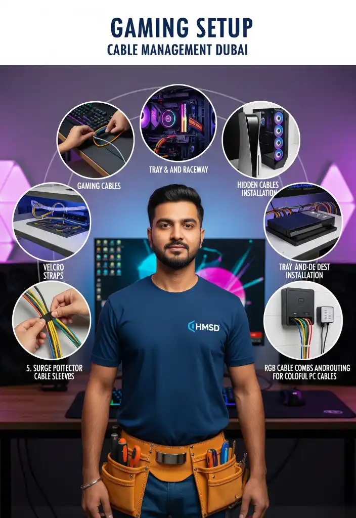 Indian handyman in HMSD uniform showcasing gaming setup cable management Dubai with organized PC wires, trays, raceways, RGB cable combs, and hidden cable installation.