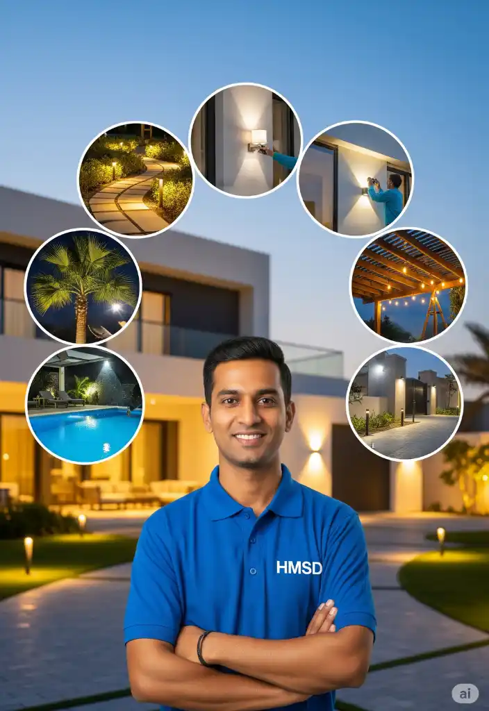 Handyman showcasing all garden and outdoor services in Dubai, including lighting installation, pergola setup, furniture assembly, and landscape maintenance.