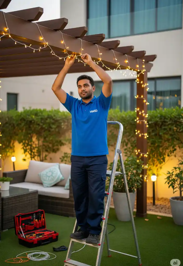 Handyman installing a decorative garden light in a Dubai villa, placing the fixture to enhance outdoor ambiance and provide stylish evening illumination.