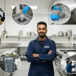 Plumber standing with tools, surrounded by visuals of restaurant drain cleaning services such as grease trap cleaning, floor drain unclogging, pipe jetting, and odor removal in Dubai.