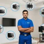 Handyman presenting different types of TV mounting setups on gypsum walls in Dubai, including fixed, tilt, and swivel brackets across various rooms.