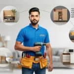 Handyman standing between various Home Center furniture assembly services and other installation services in Dubai.