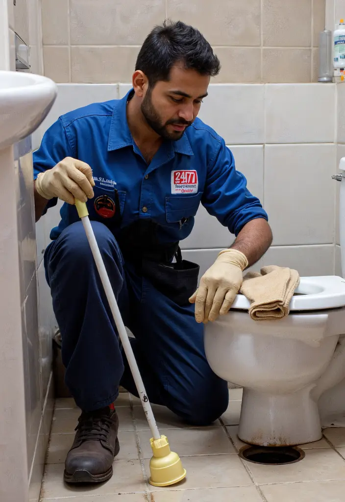 24-hour emergency plumber in Dubai clearing a blocked commode and cleaning drains