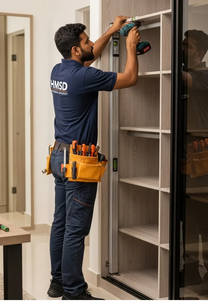 Carpenter constructing wardrobe cabinets for storage, assembling panels and shelves during a custom wardrobe build in a modern Dubai home.