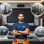 HMSD handyman in Dubai representing multiple home theatre cable concealment services for TVs, speakers, and smart AV setups.