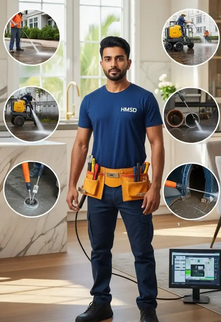 HMSD handyman in blue uniform with tool belt, standing in kitchen with seven circular images showing hydro jetting drain cleaning services in Dubai