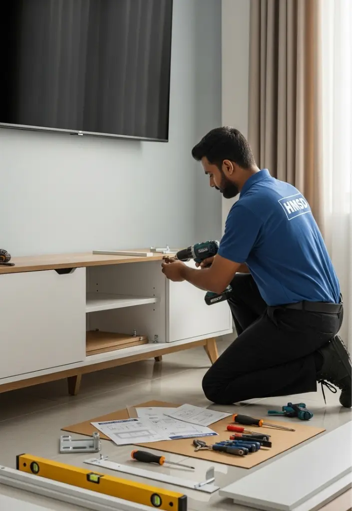 Carpenter assembling a TV cabinet in Dubai, offering professional TV cabinet assembly services