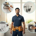 HMSD handyman showcasing multiple kitchen accessory installations including spice racks, knife holders, utensil rails, and pull-out drawers in Dubai