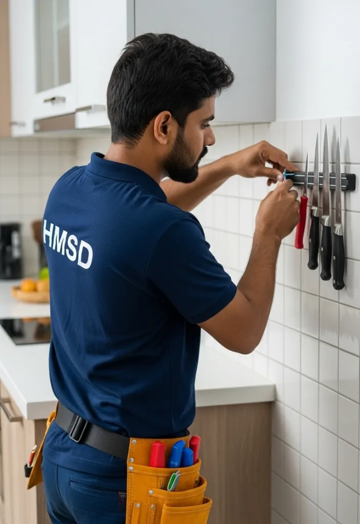 HMSD handyman installing a magnetic knife holder on a tiled kitchen wall in a Dubai apartment