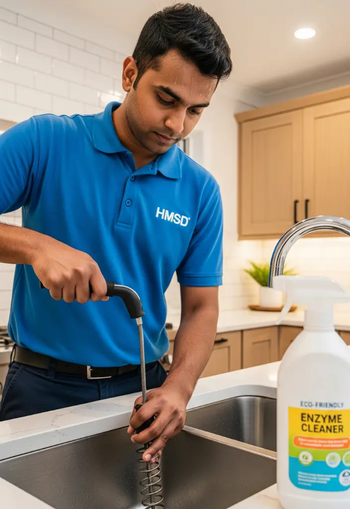 Plumber using tools to clean and unclog the drainage pipe beneath a sink during plumbing service in a Dubai residential property.