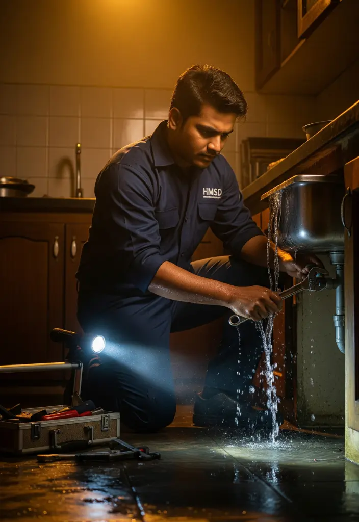 Plumber quickly unclogging a blocked drainage pipe under a sink during an emergency plumbing service in a Dubai residential property.