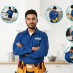 Plumber standing with tools, surrounded by visuals of kitchen unclogging services such as drain cleaning, pipe repair, blockage removal, and trap maintenance in a Dubai home.