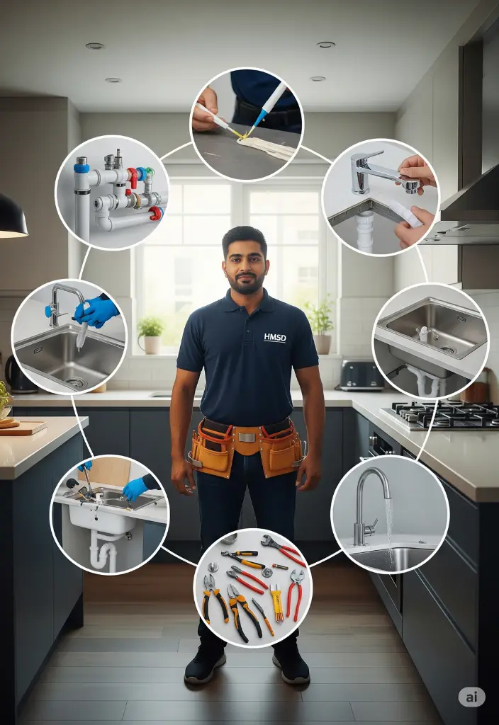 Plumber installing and replacing a kitchen sink, connecting water lines and drain pipes during plumbing service in a modern Dubai home.