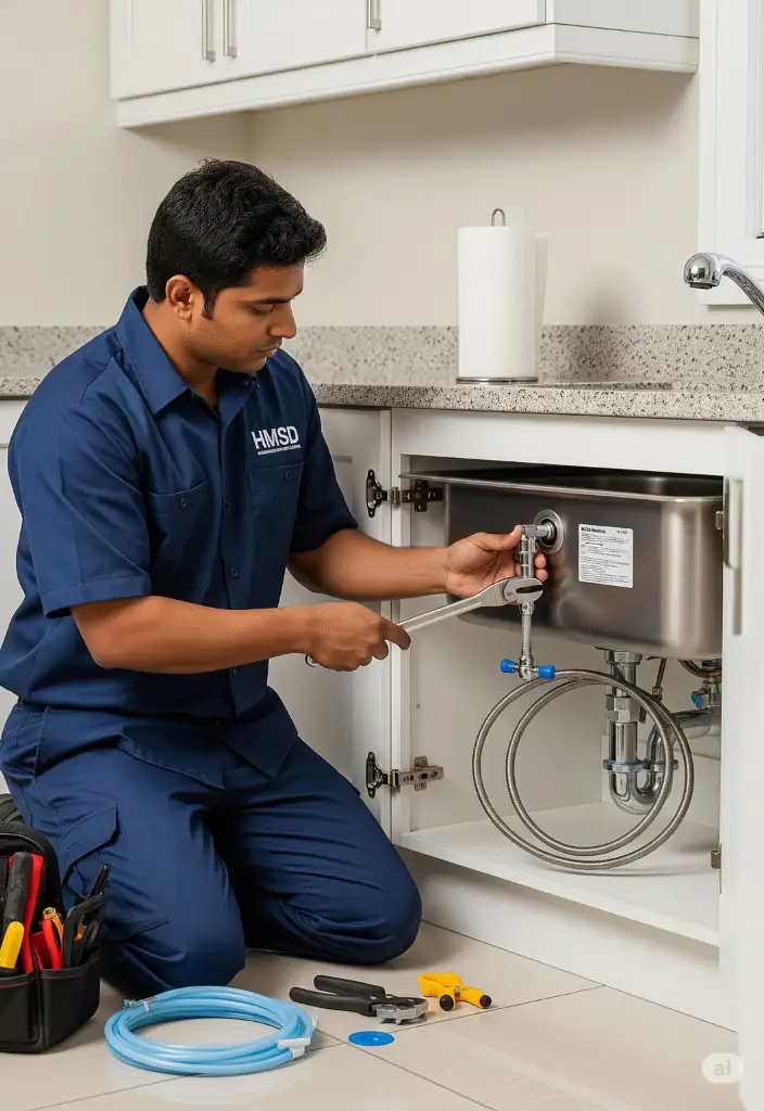 Plumber adjusting and securing the sink pipe connection beneath a kitchen or bathroom sink during plumbing installation in a Dubai home.