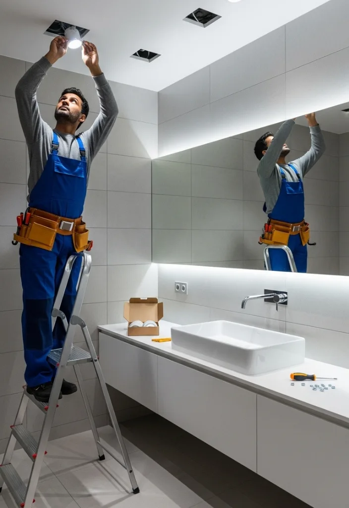 Electrician installing an LED downlight in a bathroom ceiling in Dubai, ensuring safe wiring, waterproof fitting, and energy-efficient lighting setup.