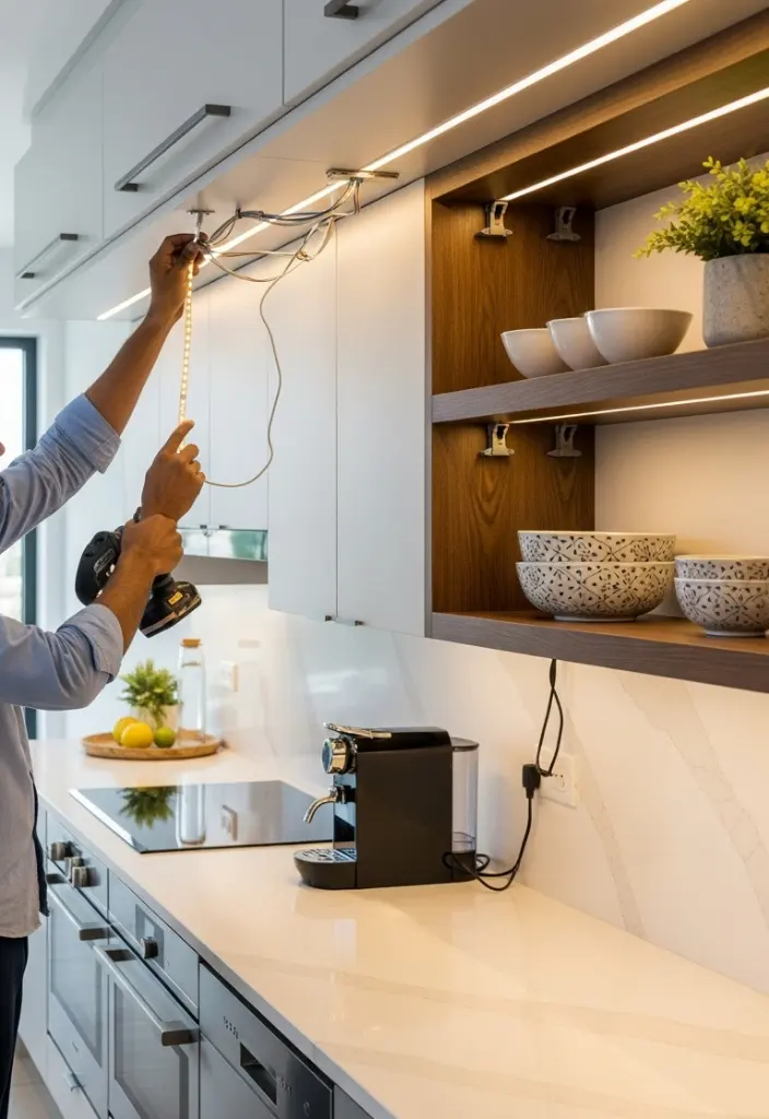 Electrician installing LED cove lighting under kitchen cabinets in Dubai, creating stylish, energy-efficient illumination for modern kitchens.