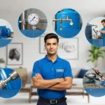Plumber installing plumbing solutions to fix low water pressure, including pipe replacement, valve installation, and pressure pump setup in a Dubai residential interior.